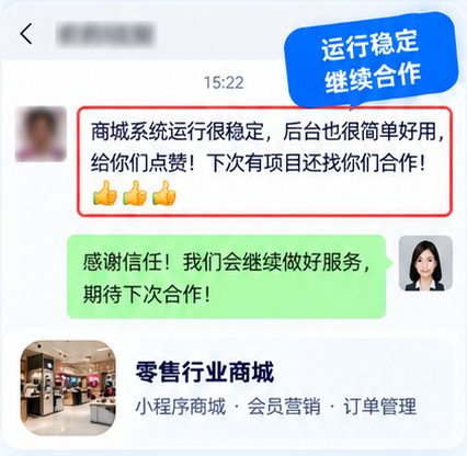 零售商城项目的微信界面沟通图，展示系统使用和后续合作的对话内容